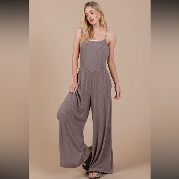 Solid Wide Leg Ribbed Knit Jumpsuit - Picture 2 of 6